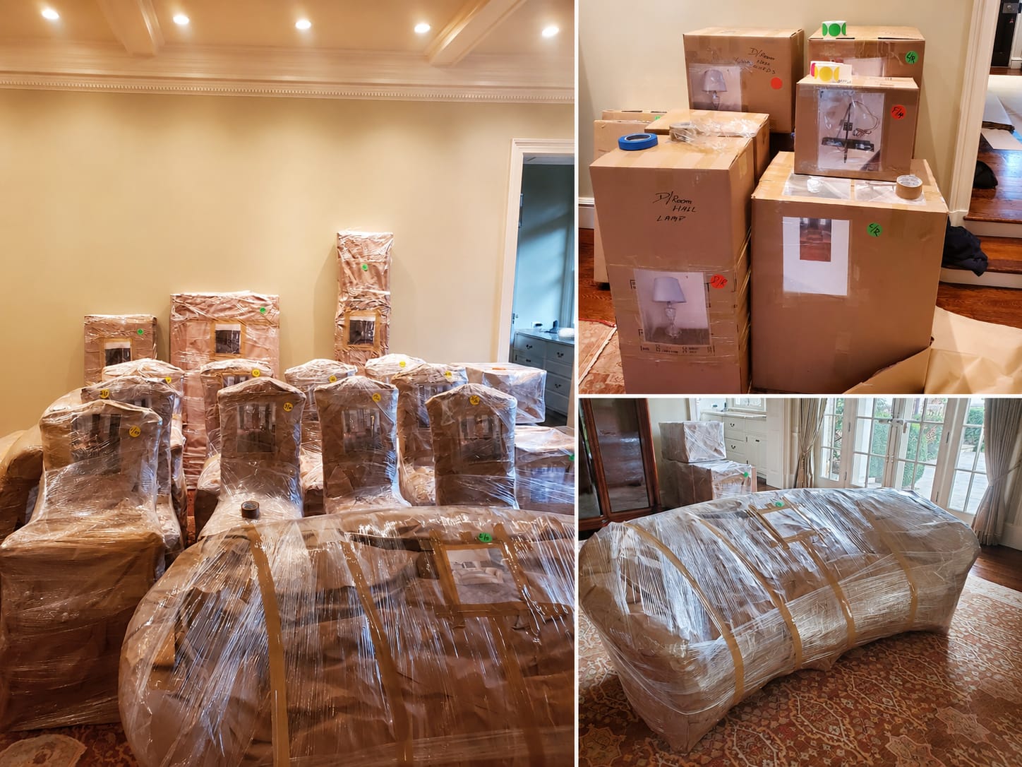 Furniture and furnishings carefully wrapped and organized inside a home